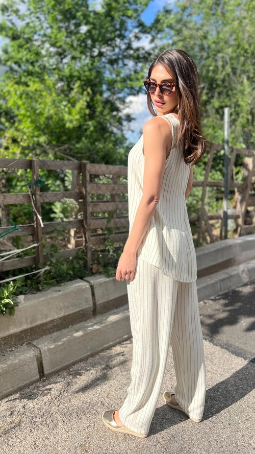 Off-White Striped Linen-Effect Pants & Top Set