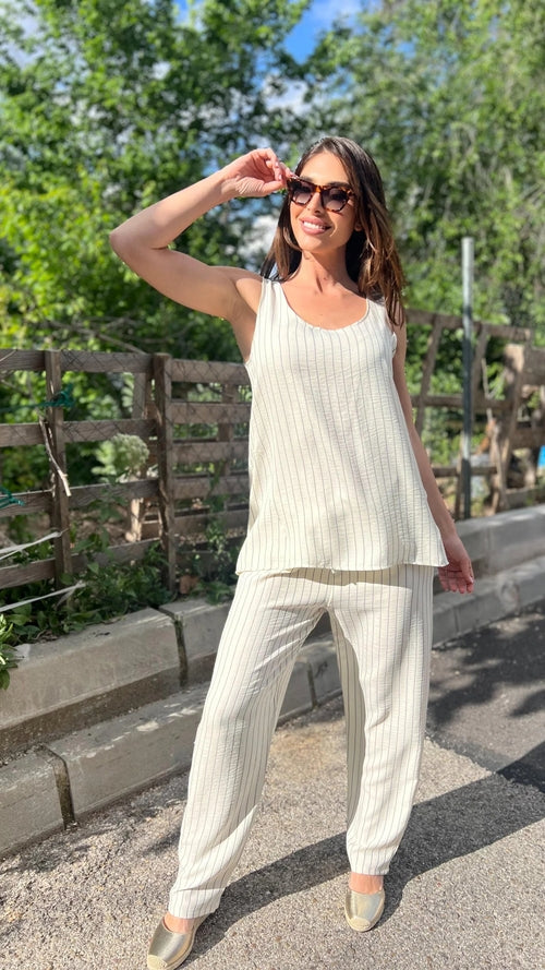 Off-White Striped Linen-Effect Pants & Top Set