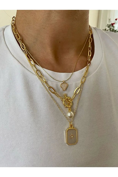 Pole Star Pearl Enamel Layered Necklace Set (3-Piece)