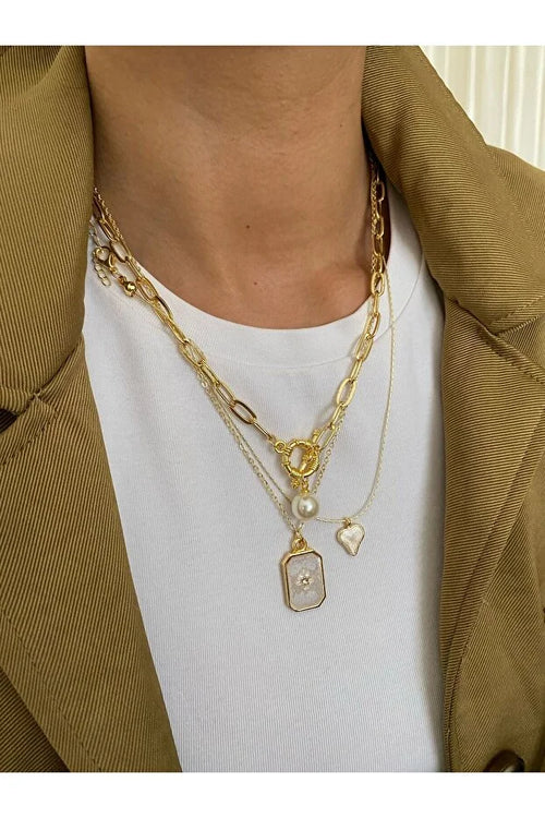 Pole Star Pearl Enamel Layered Necklace Set (3-Piece)